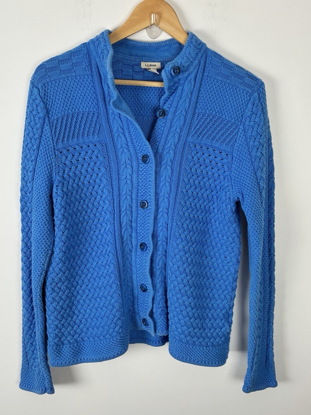 L.L.Bean Blue Cotton Cable Knit Cardigan Sweater Fisherman Coastal Outdoors M
